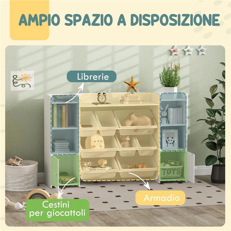 SCAFFALE PORTAGIOCHI PER BAMBINI CON 8 CONTENITORI RIMOVIBILI E ARMADIETTI, 140X30X90 CM, BIANCO
