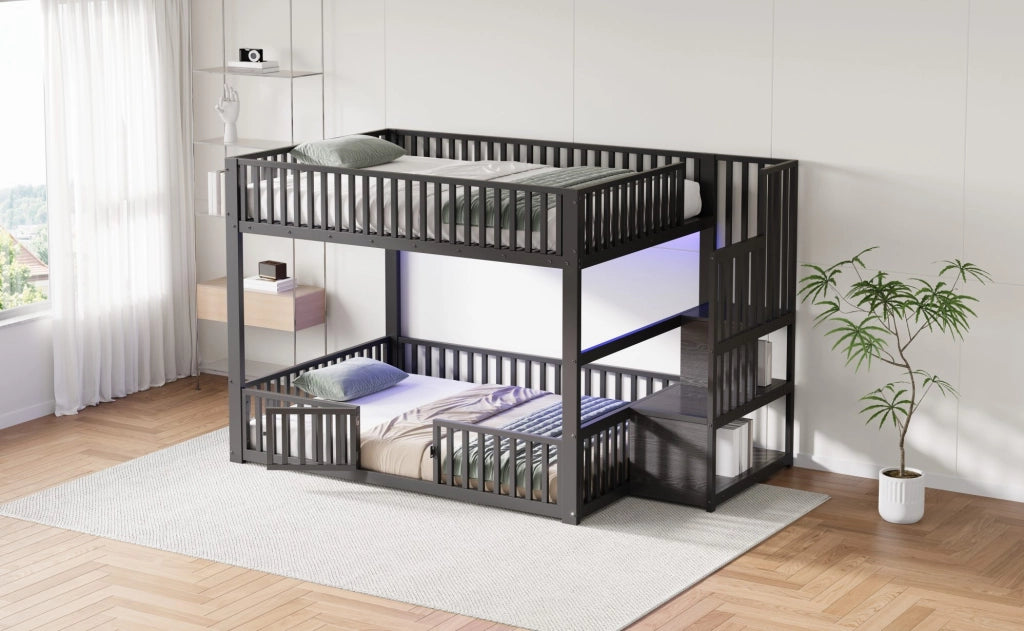 Letto a castello 140x200 cm in metallo nero con LED e scaletta contenitore