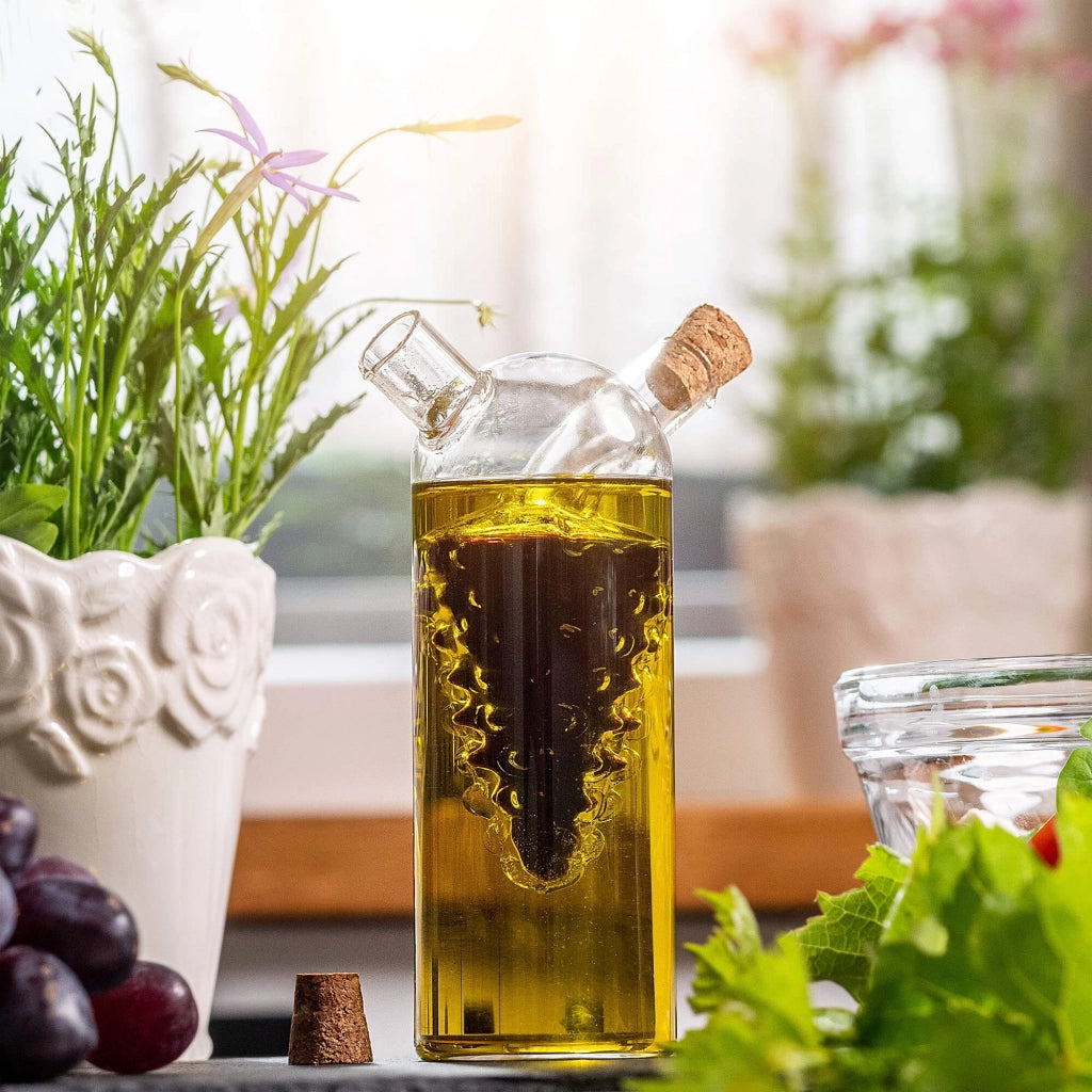 Bottiglia KADAX per olio e aceto, caraffa in vetro da 350 ml, 2 in 1 per olio e aceto con tappo.