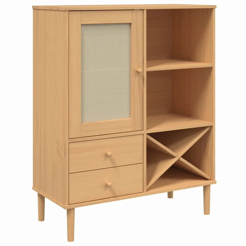 Buffet credenza cassettiera armadio mobile contenitore organizer per cucina soggiorno salotto effetto rattan 90 x 40 x 112 cm legno di pino massiccio marrone 02_0036235