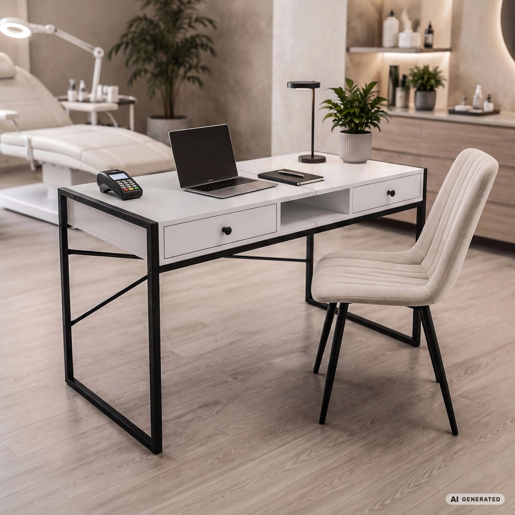 Scrivania industriale per computer Bianca ELONIS 123 cm 2 cassetti 1 ripiano gambe nere