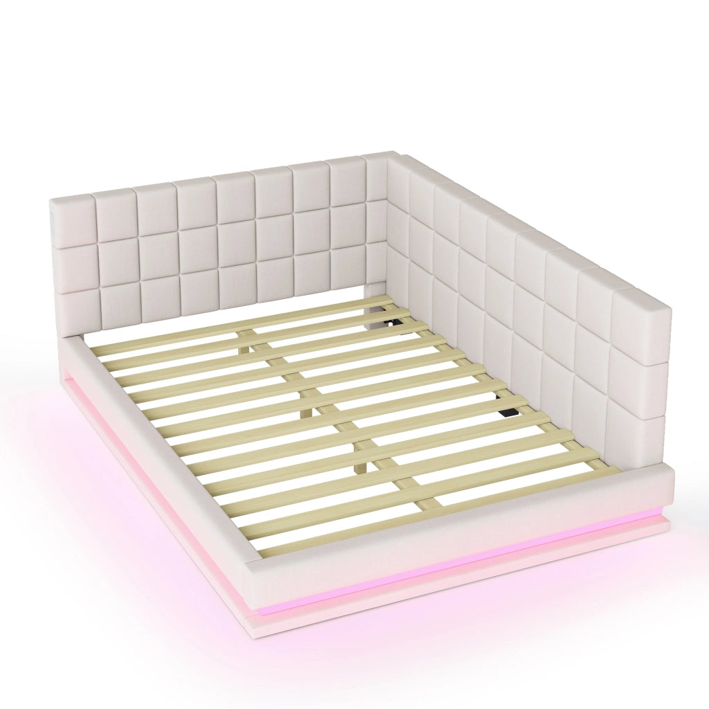 OKWISH Letto Divano 160×200 cm, Letto Matrimoniale con LED Multicolore, USB e Doghe, senza Materasso, in Tessuto Lino, Beige