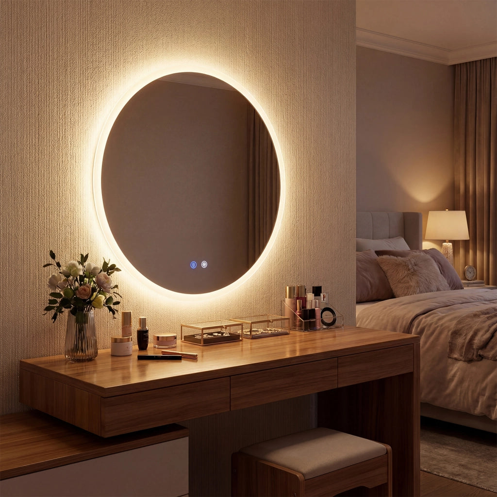Specchio led bagno rotondo parete vetro temperato 3 colori, Specchio trucco dimmerazione anti-appannamento memoria 60 cm