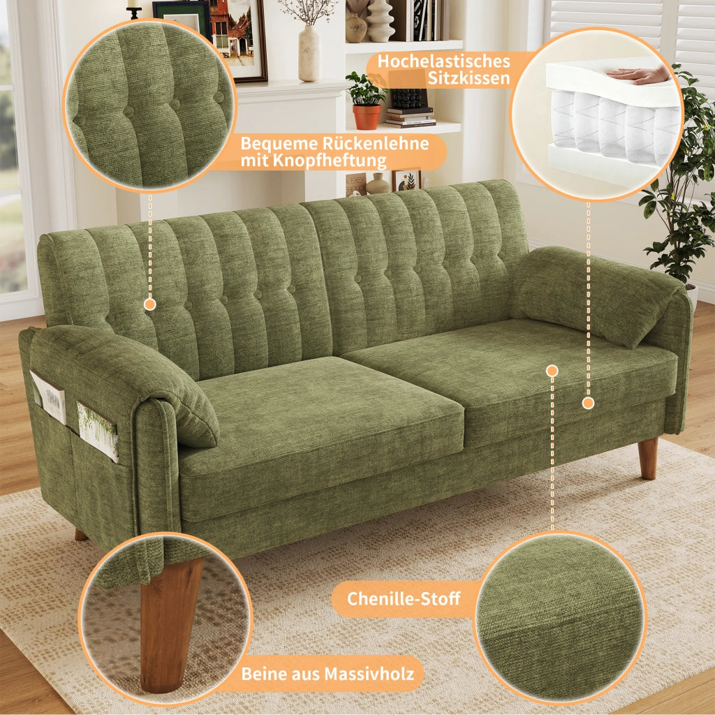 Divano a 2 posti in chenille con cuscino seduta spesso, schienale trapuntato, tasche laterali e cuscini bracciolo, verde