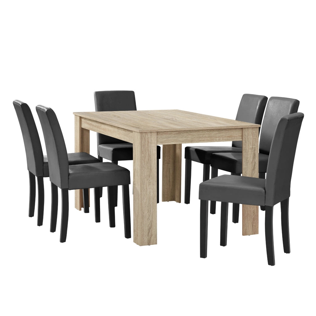 Set Pranzo con Tavolo 140x90 cm e 6 Sedie in Similpelle - Effetto Rovere Chiaro / Grigio scuro [en.casa]