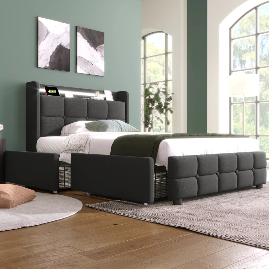 OKWISH Letto Singolo 90×200 cm con Prese, USB, LED Regolabile e 2 Cassetti, senza Materasso, in Legno, Grigio