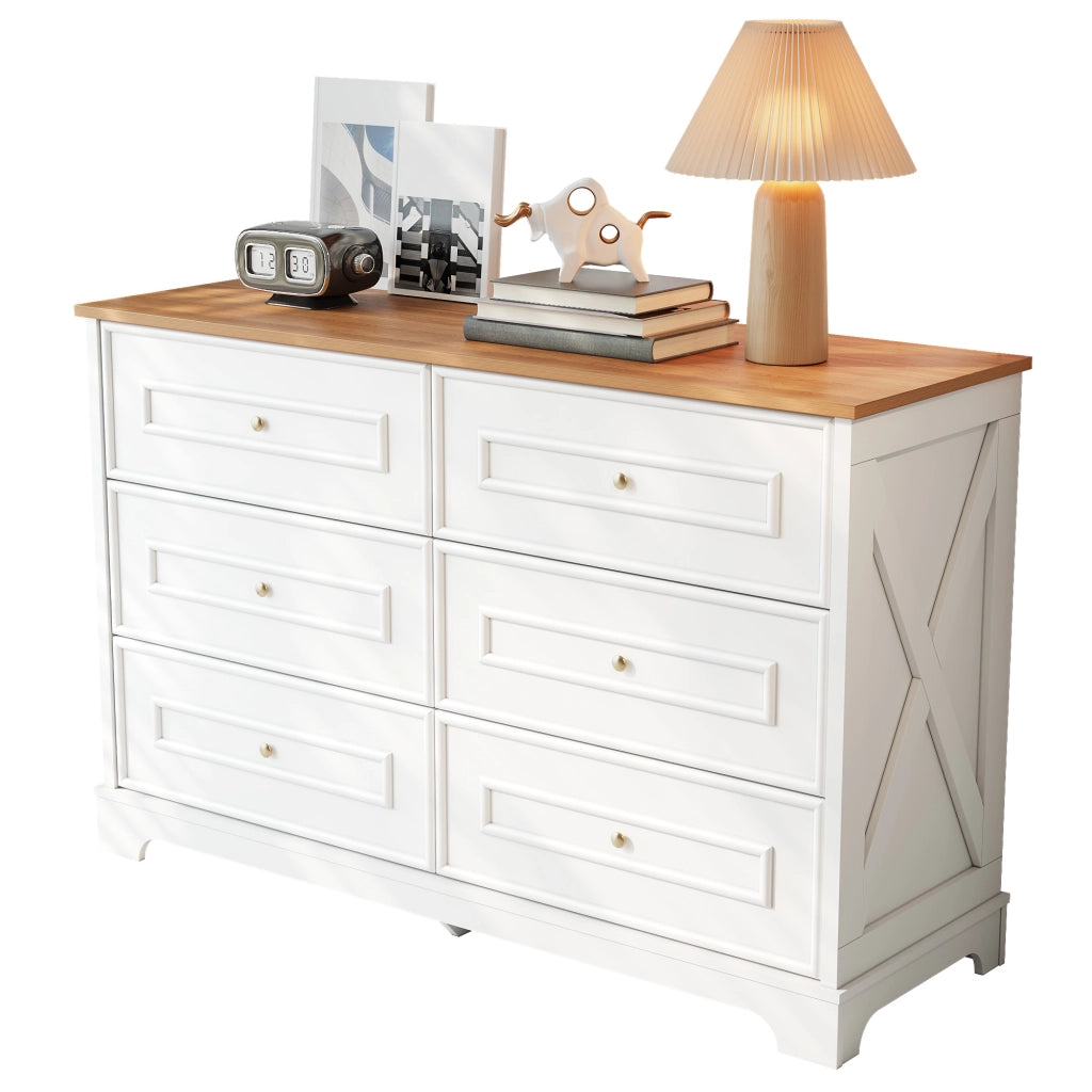 Credenza con 6 Cassetti; Motivo Fienile e Maniglie Dorate; Stile Country; in MDF; 120??40??76 cm; Bianco