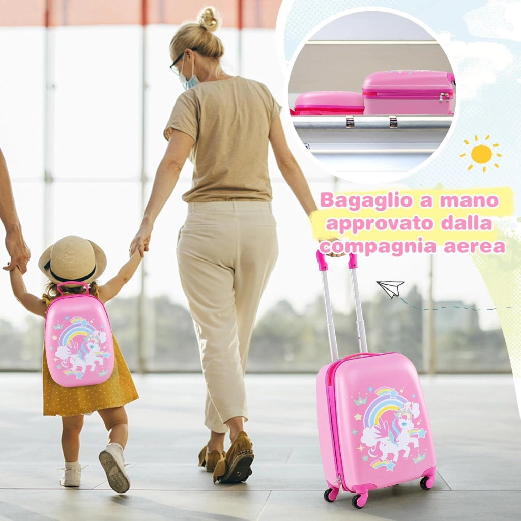 Set di Valigia per Bambini, 16" Valigia+ 12" Zaino, 2 Pezzi, con Ruote Girevoli a 360° e Maniglia Retrattile, Ideale per Viaggiare in Modo Comodo e Divertente (Modello 26)