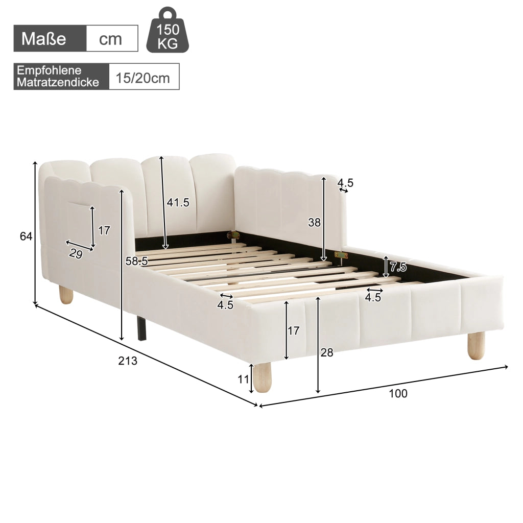 Letto singolo imbottito per bambini 90 x 200 cm in velluto beige con testiera ergonomica, sponde laterali e gambe in legno