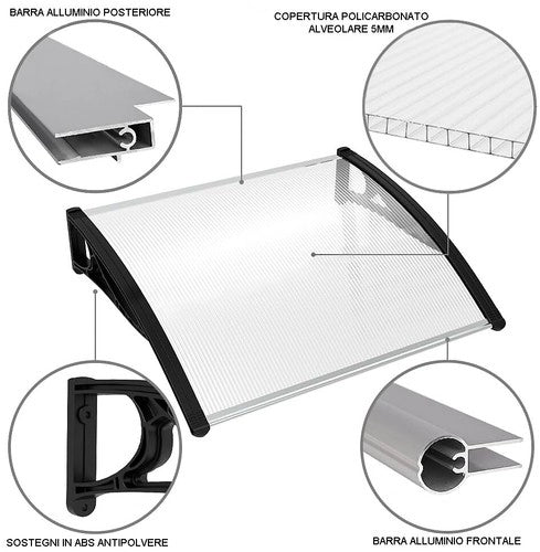 Pensilina Tettoia Modulare 120x80 Cm Tetto Esterno Alveolare Policarbonato Resistente Trasparente