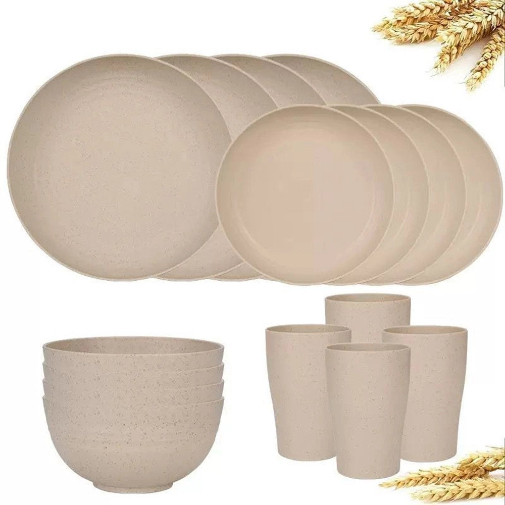 Trade Shop - Set Da 16pz Stoviglie In Paglia Di Grano Ciotole Piatti Infrangibili Posate Riutilizzabili -