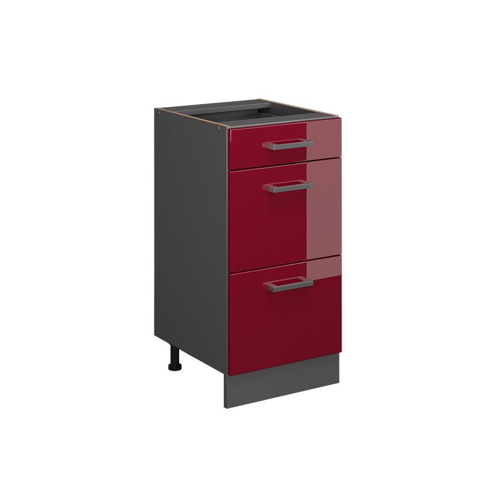 Mobiletto base per cucina R-Line Rosso lucido/Antracite 40 cm con cassetti, senza piano di lavoro Vicco