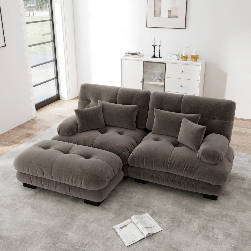 Canapé modulaire in chenille con cuscini lombari e pouf, seduta profonda e braccioli morbidi marrone 220 × 145 × 81 cm