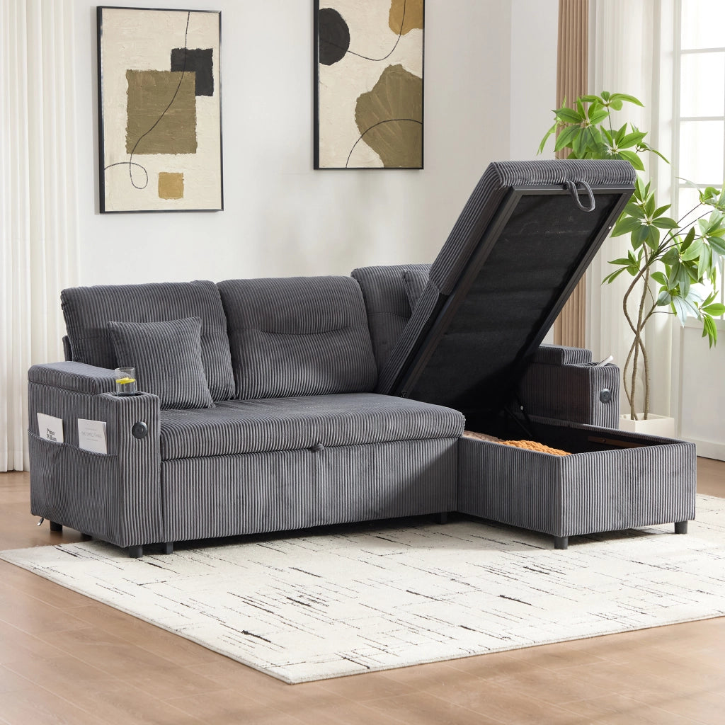 Divano letto 3 posti in velluto a coste grigio con chaise longue contenitore, USB-C e portabicchieri