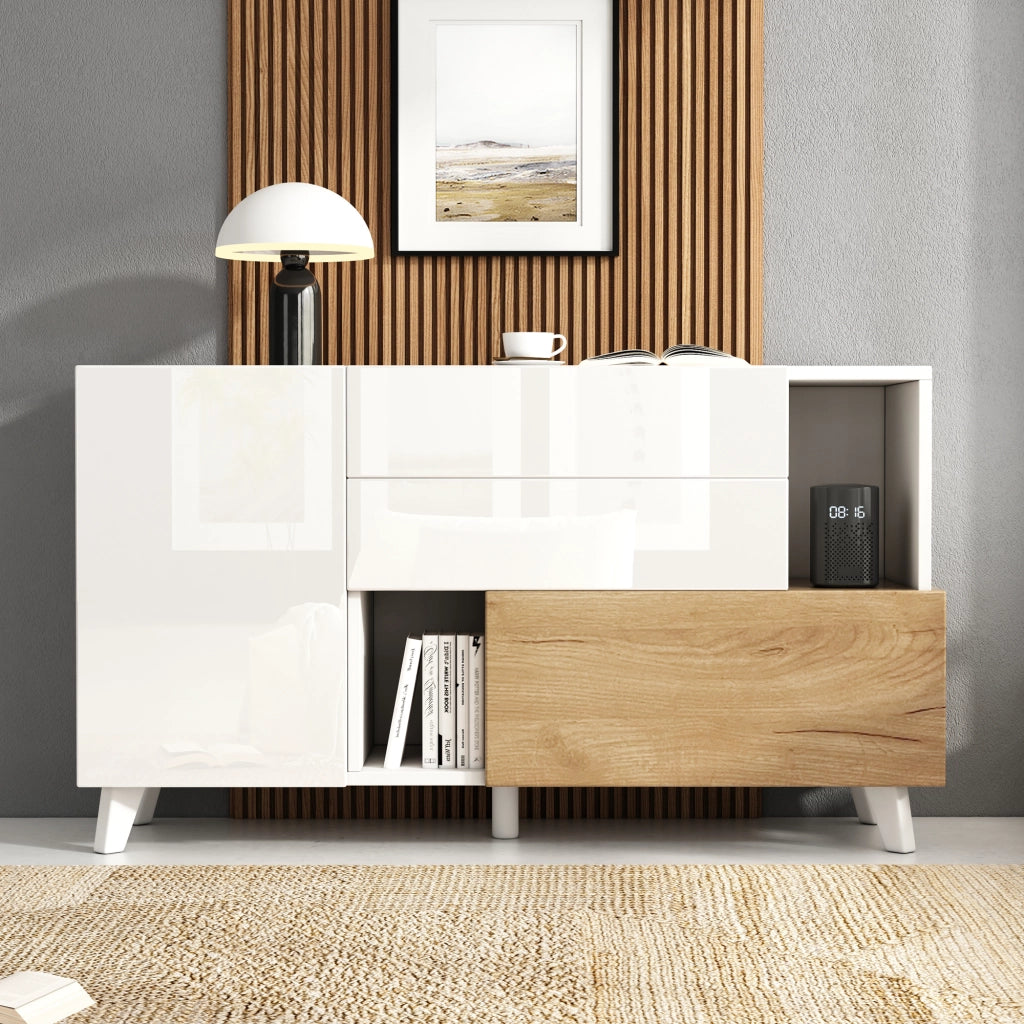 Sideboard moderno 130x40x70 cm in truciolare bianco lucido e rovere chiaro