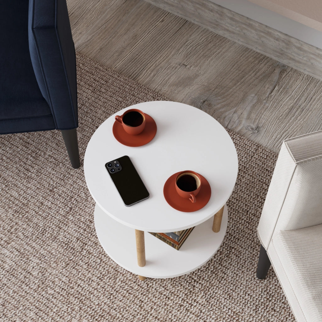 Tavolino Rotondo VES con 2 Piani di Appoggio 49xØ42 cm Bianco [en.casa]