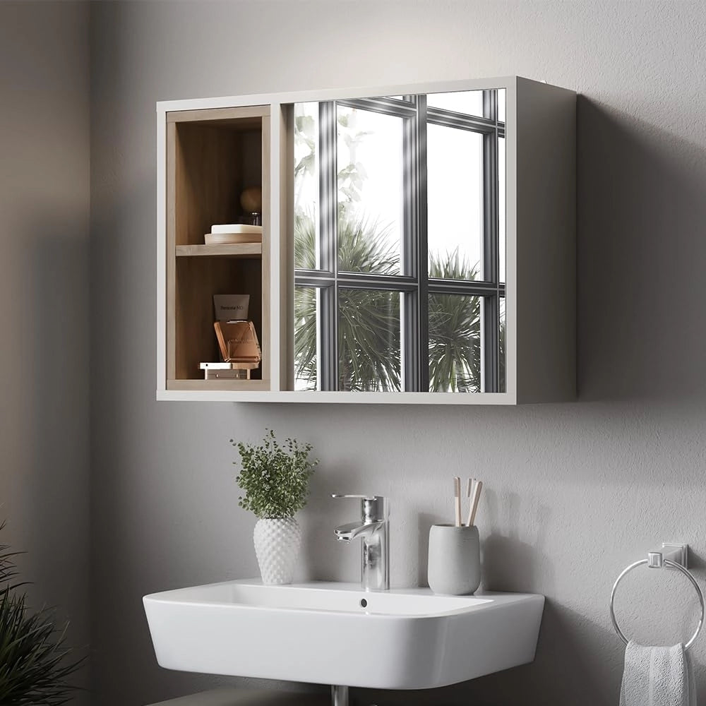 Mobiletto a specchio Elnor, Grigio, con 2 scomparti aperti e 1 anta, per la conservazione di tessili da bagno e combinabile con Elnor