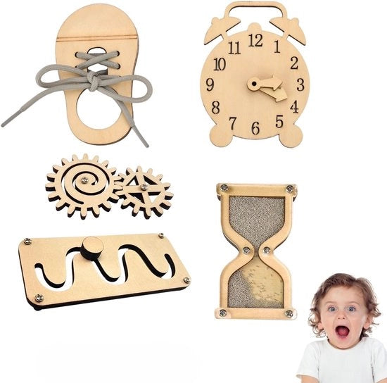 Set di attività sensoriali 5 pezzi - Giocattolo sensoriale - Educativo Montessori - Componenti in legno - Labirinto/ingranaggio - Orologio a sabbia/ciclo di sabbia - Tabella sensoriale