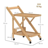 Carrello da Cucina Portavivande Pieghevole a 2 Livelli con Portabottiglie in Legno di Bambù