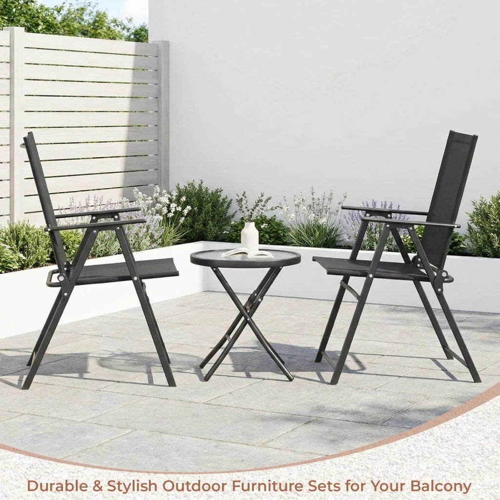 Set balcone 3 pezzi, Set Bistrot in metallo con 2 sedie pieghevoli e 1 tavolo pieghevole in vetro, Mobili da giardino pieghevoli,Gruppo di seduta per esterni per balcone piccolo,Nero