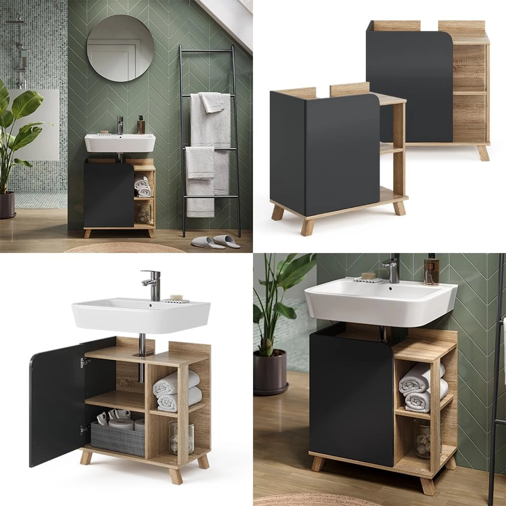 Mobiletto per lavabo Karen, Sonoma/antracite, 60 x 65 cm con porta e vani aperti, con ritaglio per sifone per il montaggio sotto il lavabo