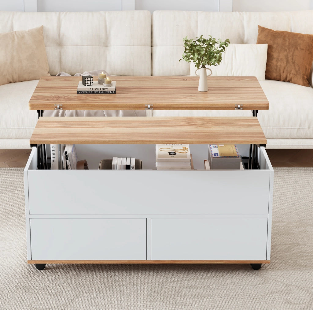 Tavolino da caffè sollevabile 100×98×65 cm con contenitore, cassetto e ruote