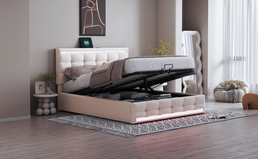 Letto imbottito con LED, 2 USB, contenitore e testiera regolabile, 140x200 cm, lino beige