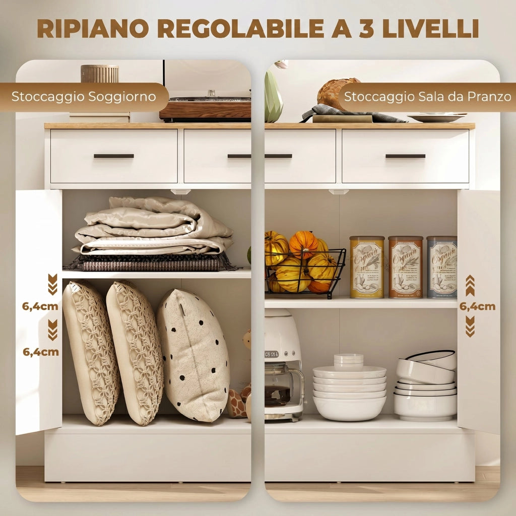 Credenza Moderna 68,6x35x90,3A cm 2 Cassetti e Armadietto 2 Ante Ripiano Interno Regolabile Bianco e Legno