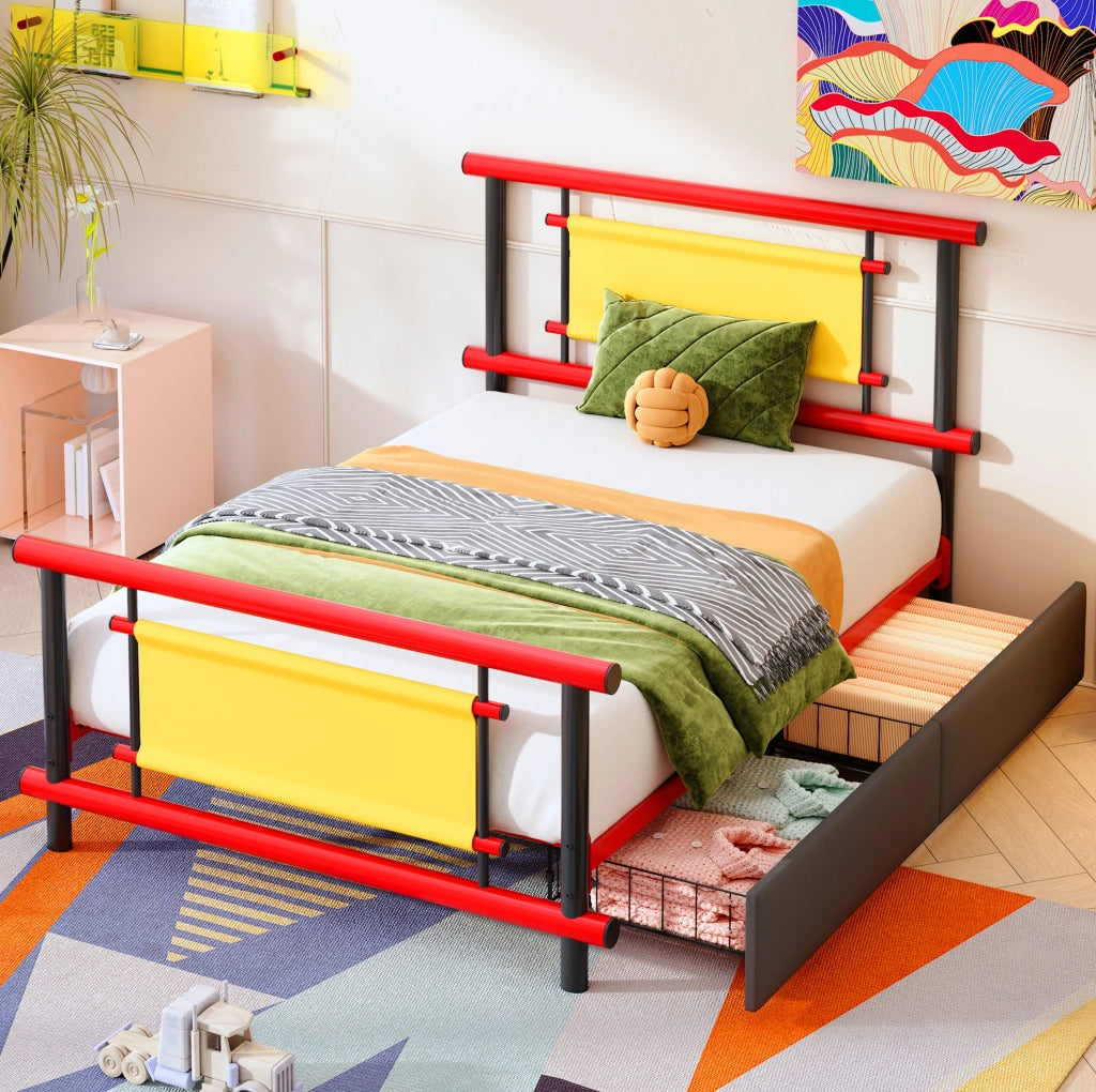 Letto per bambini in metallo con cassetti 90x200 cm Rosso