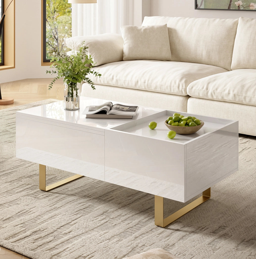 Tavolino da caffè elevabile con vano contenitore e cassetto; 100x50x54;5 cm; MDF bianco