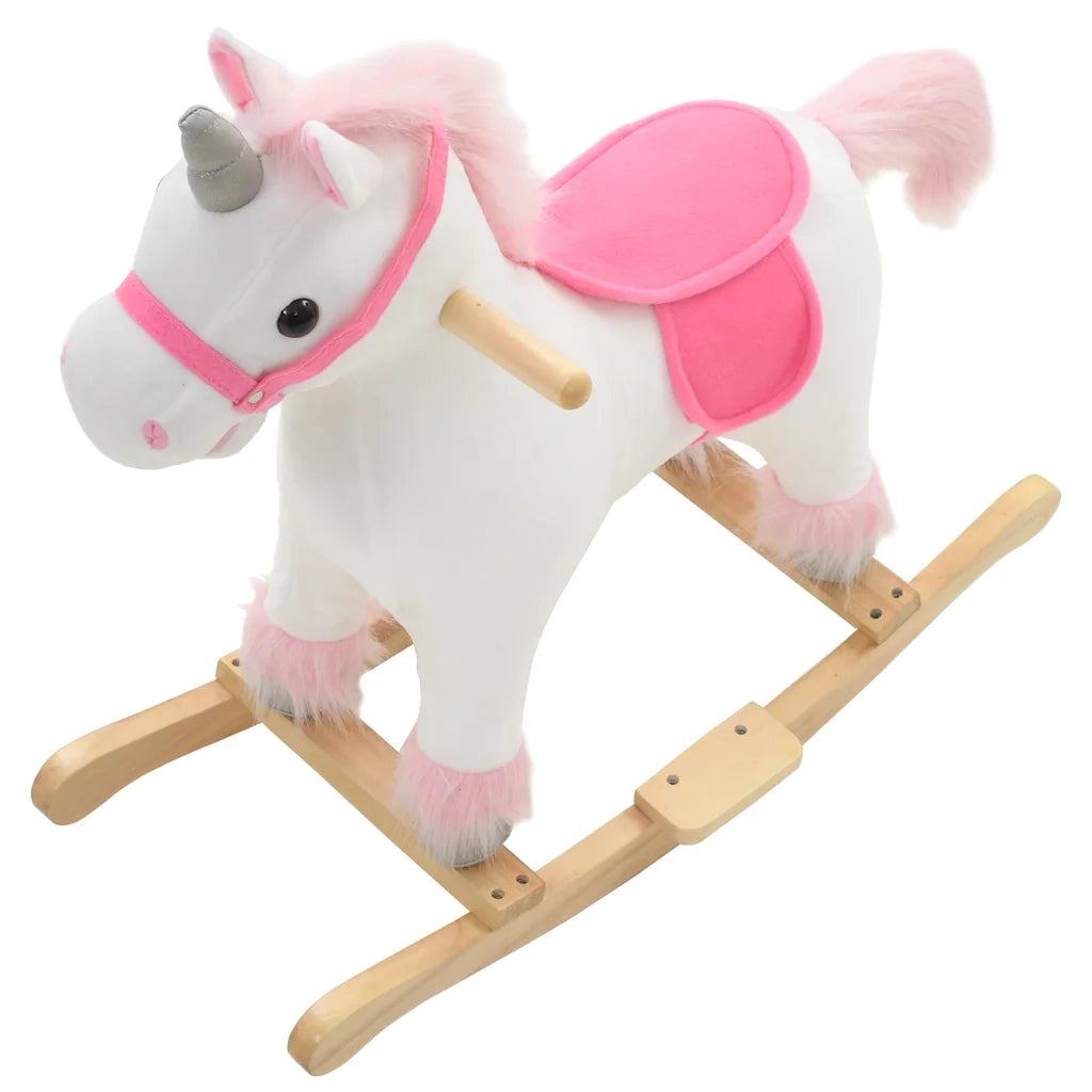Unicorno a Dondolo in Peluche 65x32x58 cm Bianco e Rosa 80219