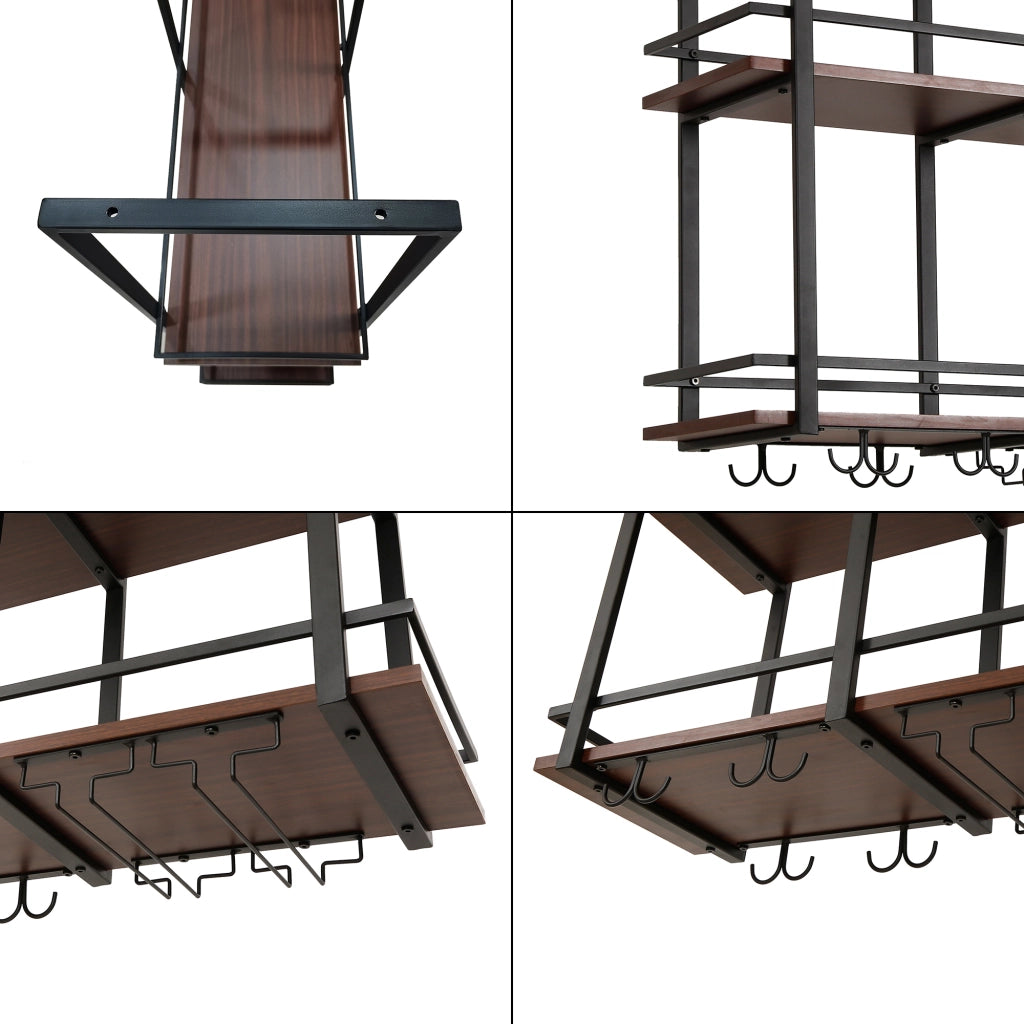 Portabottiglie Sospeso da Soffitto Hubro con Binari per Calici e Ganci per Tazze 80x30x85 cm Nero/Effetto Noce [en.casa]
