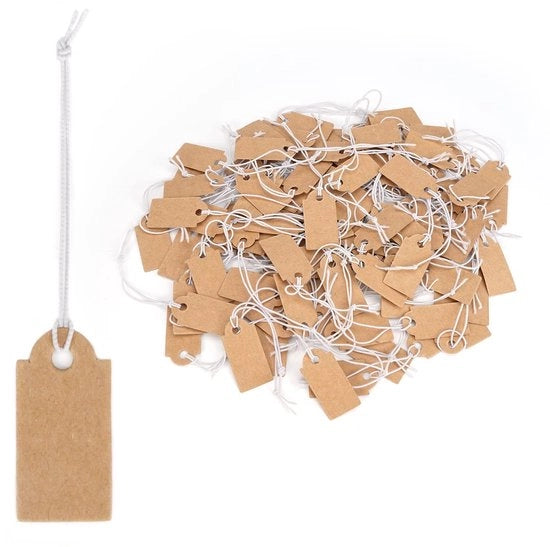 Etichette in Carta Kraft 200 pezzi - Etichette per Cassetto - Etichette da Appendere con Elastico - Etichette di Prezzo - Marrone - 26x12mm