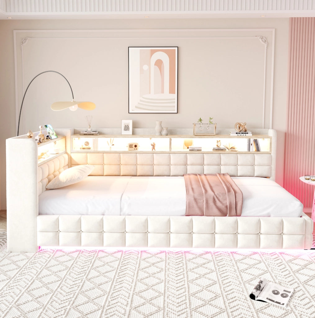 Letto Poltrona Multifunzionale 90x200 cm con Contenitore Idraulico, Mensole in Legno, Illuminazione LED e Porte USB/Tipo-C, Rivestimento in Velluto Beige