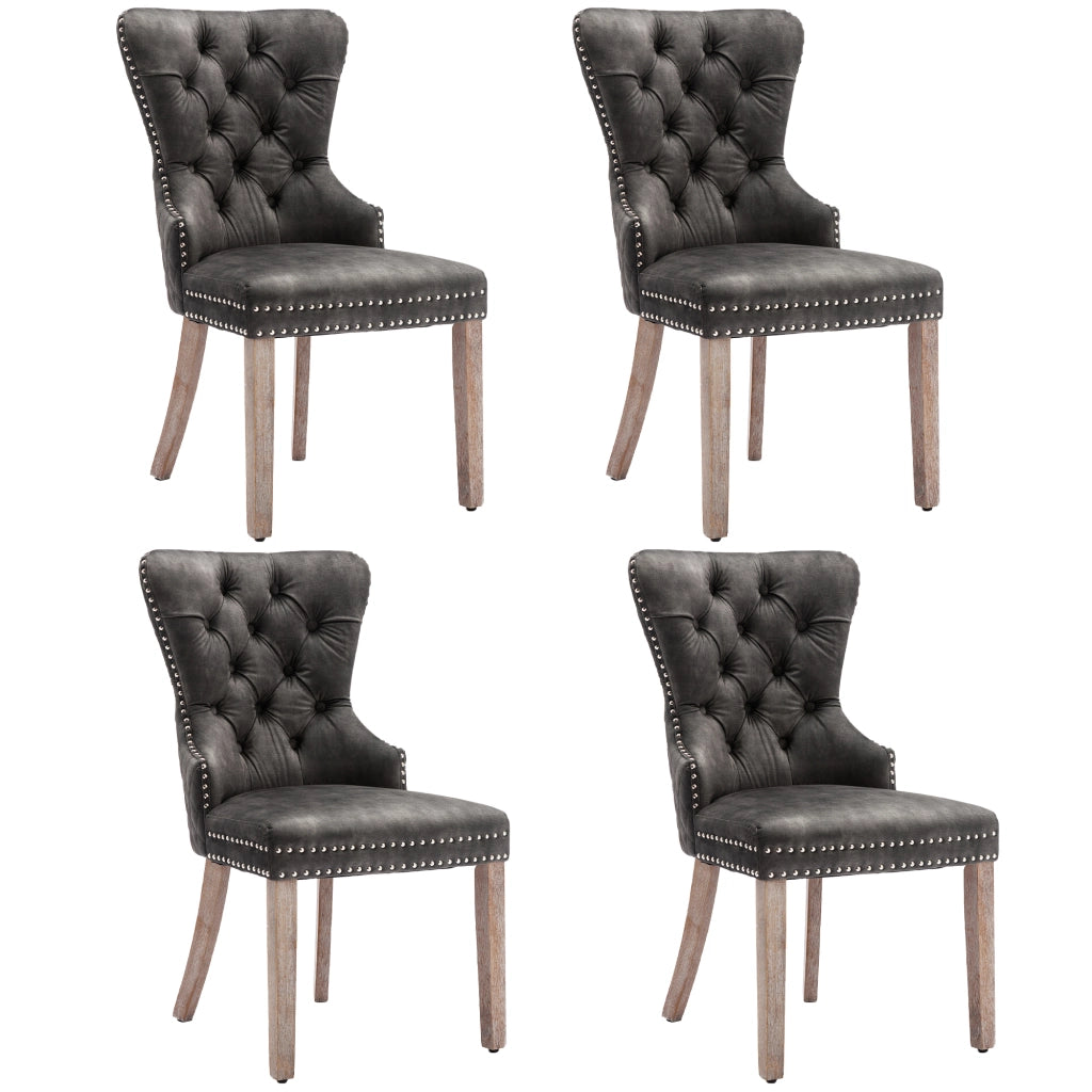 Sedia da pranzo imbottita con gambe regolabili e borchie decorative e manico posteriore in velluto grigio