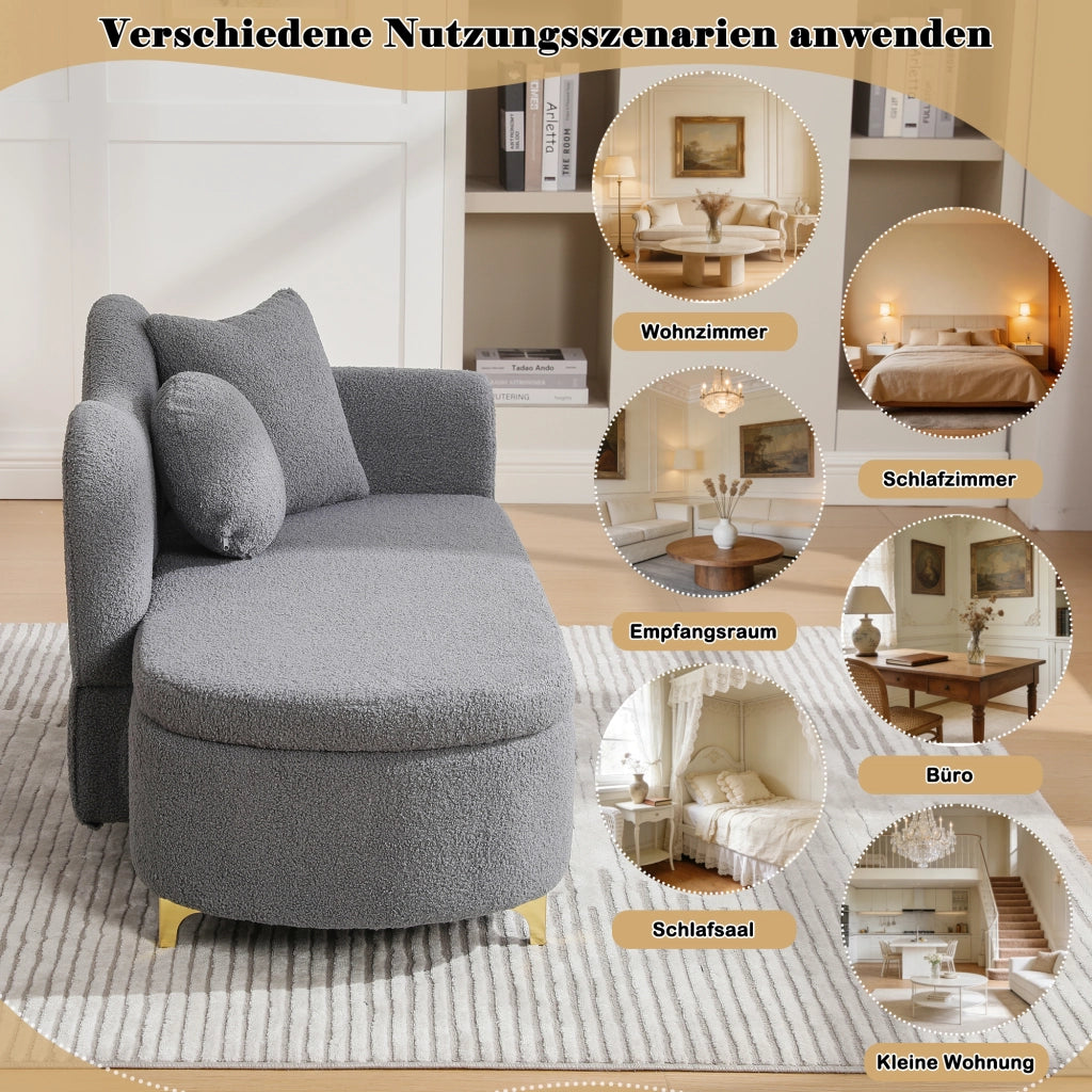 Chaise longue con vano contenitore e cuscini, tessuto effetto lana d'agnello Grigio Antico 134 × 64 × 70 cm