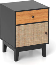 Comodino in legno, comodino con cassetto, porta in rattan e gambe in pino, kit antiribaltamento, 40 x 39 x 55 cm, tavolino ausiliario per camera da letto, soggiorno