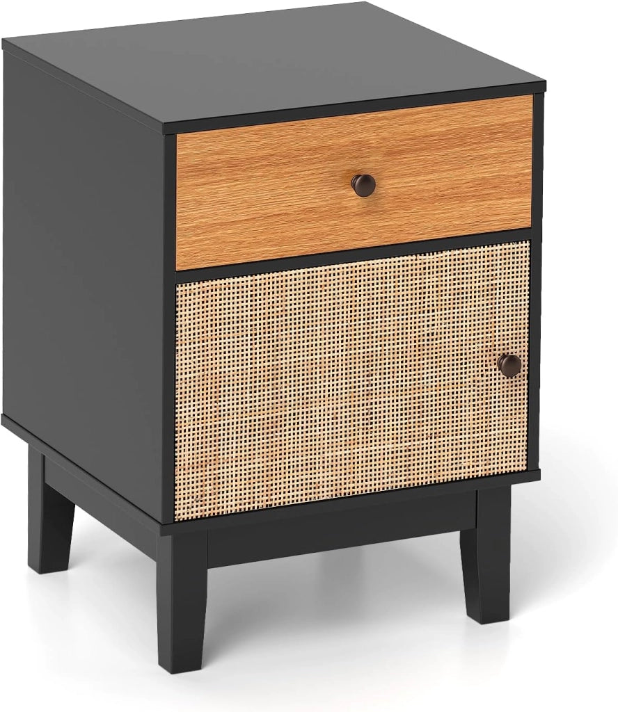Comodino in legno, comodino con cassetto, porta in rattan e gambe in pino, kit antiribaltamento, 40 x 39 x 55 cm, tavolino ausiliario per camera da letto, soggiorno