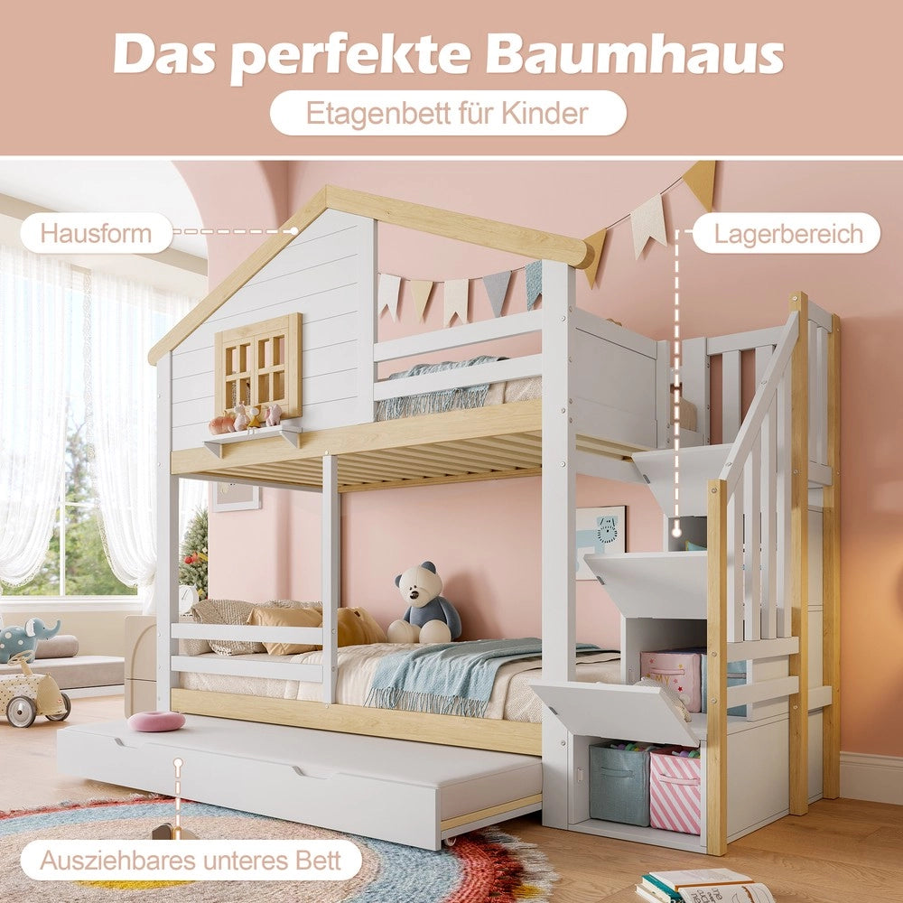 Letto a Castello con Letto Estraibile ¨C MINIMAL ¨C Bianco, 90x200, Legno, Finestra, Contenitore