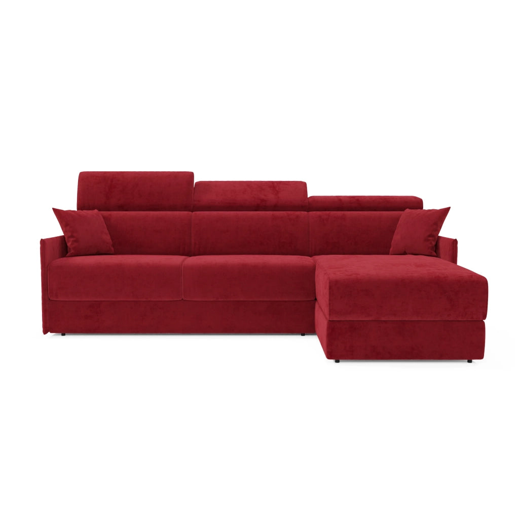 Miryam divano letto angolare compatto - poggiatesta reclinabili e penisola contenitore in tessuto smacchiabile T31 252 cm sinistro rosso