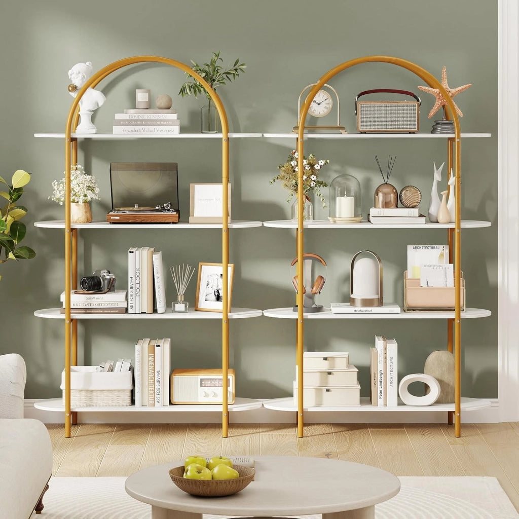 Libreria a Forma di Arco a 4 Ripiani, Scaffale Portaoggetti Aperta con Struttura Metallica, Organizer Espositivo Autoportante per Soggiorno, Ufficio e Camera da Letto, 95x34x156cm (Bianco)