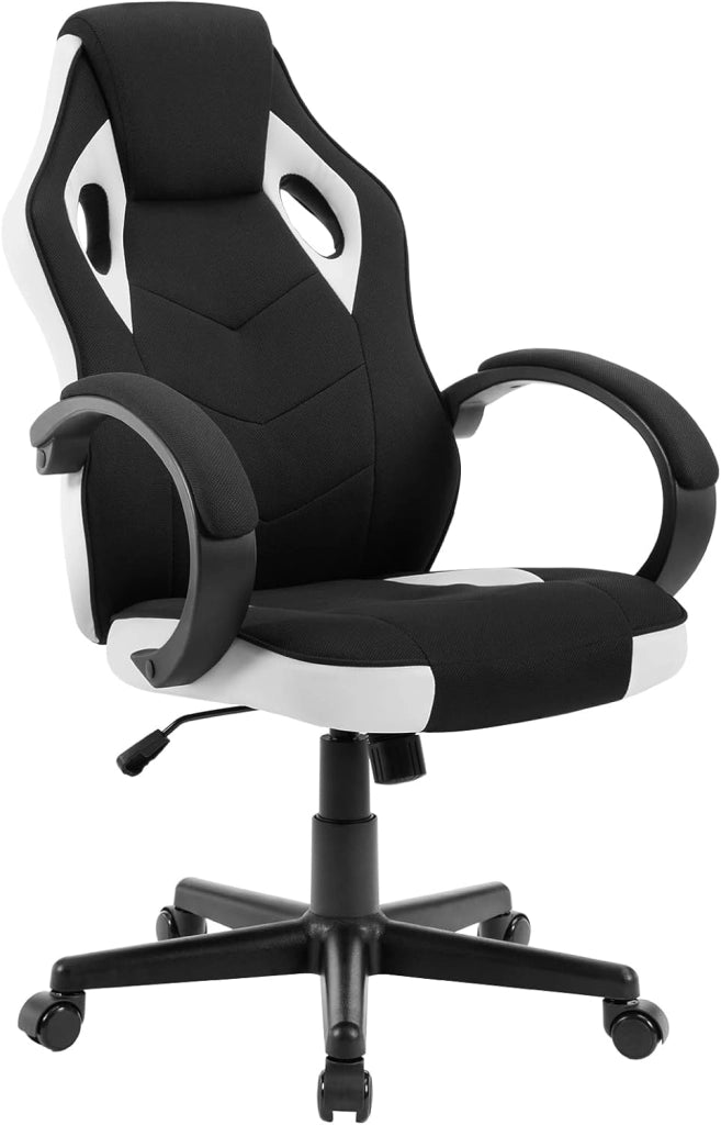 Sedia Gaming, Sedia per PC, Ergonomica con Tessuto Traspirante, Altezza Regolabile, Ruote, Schienale, Braccioli e Funzione Basculante, Nero+Bianco