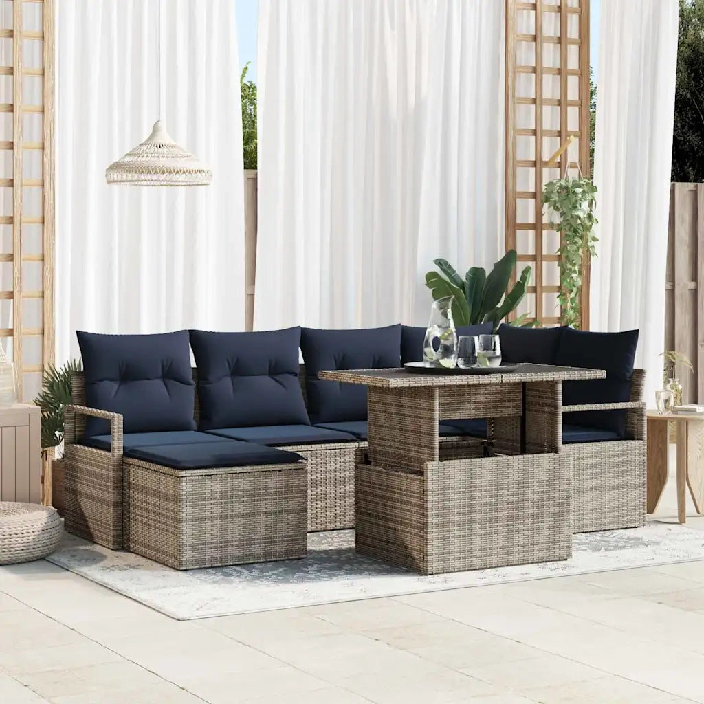 Set Divano da Giardino 7 pcs Grigio e Blu Navy Poly Rattan