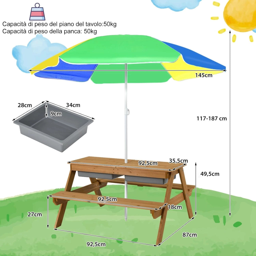 Set Tavolo e Sedie per Bambini da Giardino 3 in 1, con Ombrellone Rimovibile e Regolabile, Piano Rimovibile, Tavolo con Panche in Legno per Bambini da Interno Esterno (Colore 3)