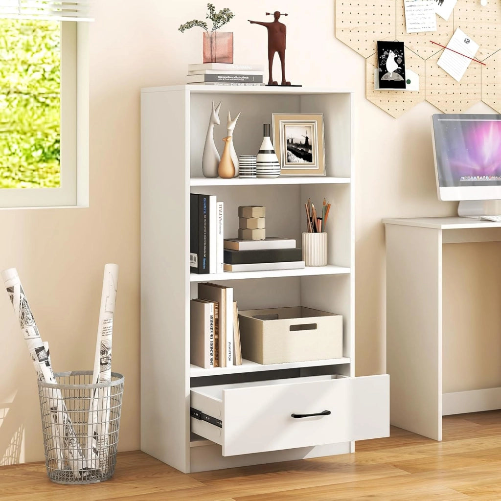 Scaffale con cassetto, scaffale libreria a 4 livelli con 3 scomparti aperti, scaffale da terra in legno per soggiorno, camera da letto, ufficio, nero (Bianco)