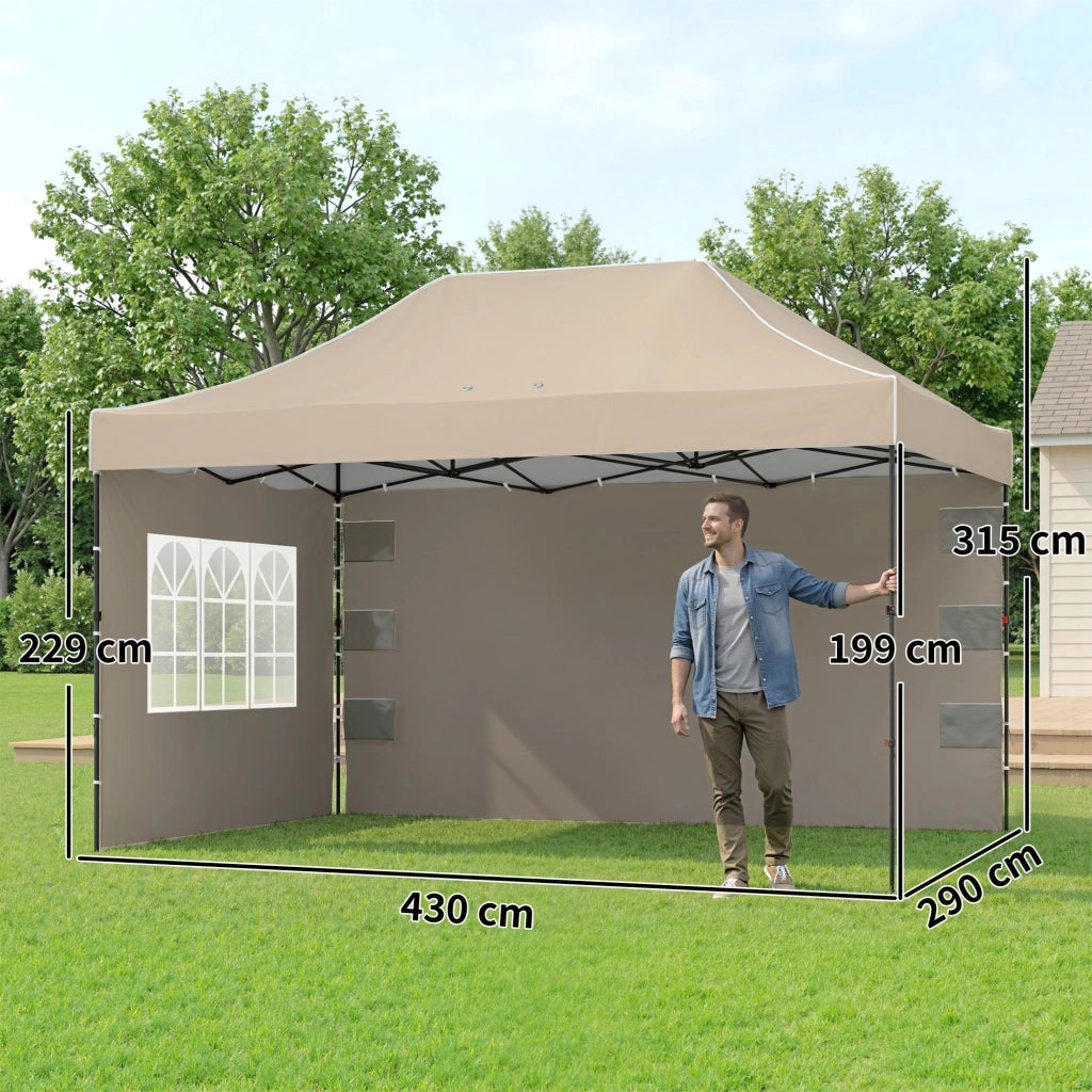 Gazebo Pop Up Pieghevole 430x290x315 cm con Pareti Laterali e Finestre in Metallo e Tessuto Oxford Marrone Sabbia