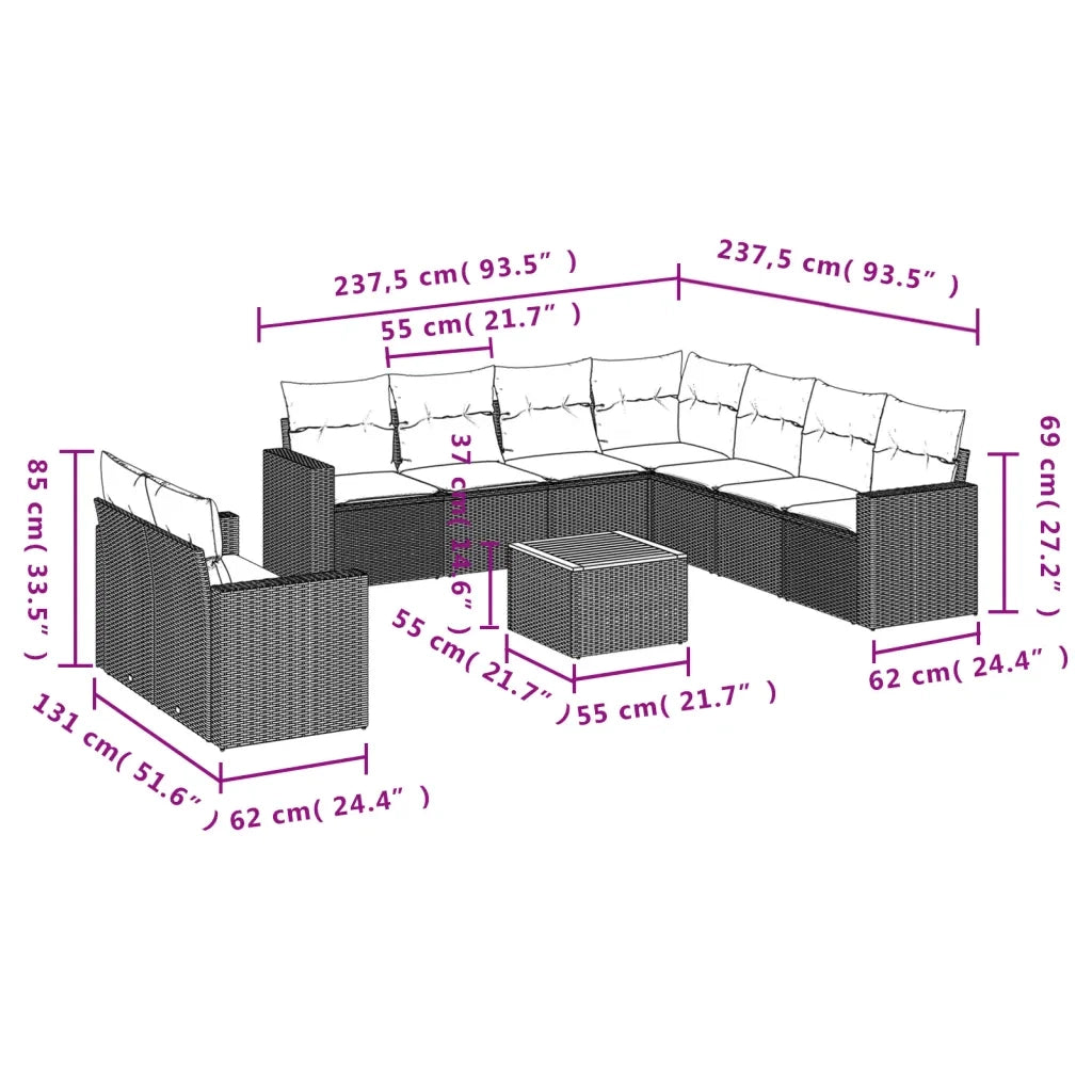 Set Divani da Giardino 10pz con Cuscini in Polyrattan Nero 3224187
