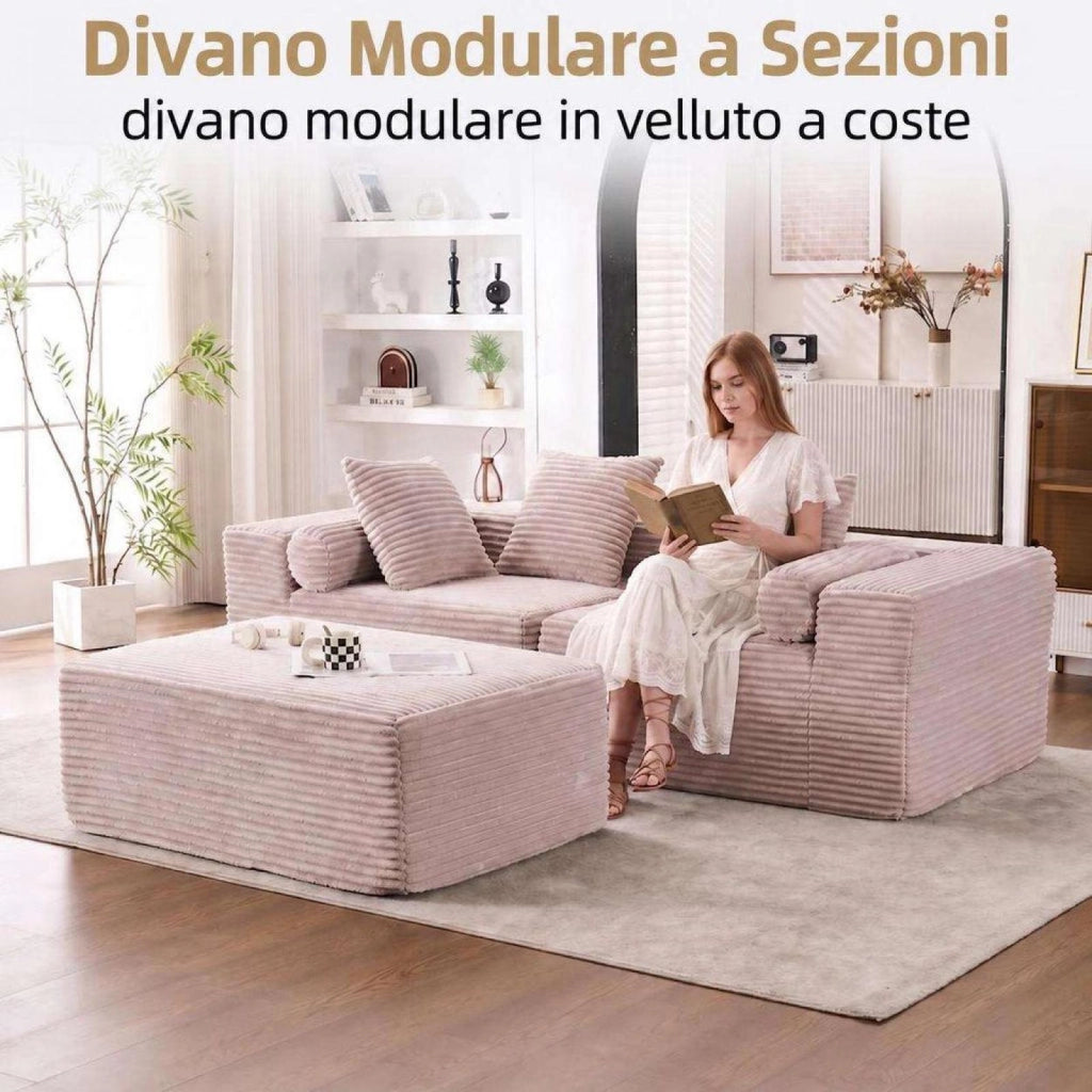 Divano componibile, divano a L, tessuto chenille, seduta morbida come una nuvola, beige