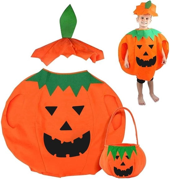Costume per bambini a tema Halloween - Cappuccio e cappello - Borsa portatile per zucche - Maschera - Tela 62x50 cm