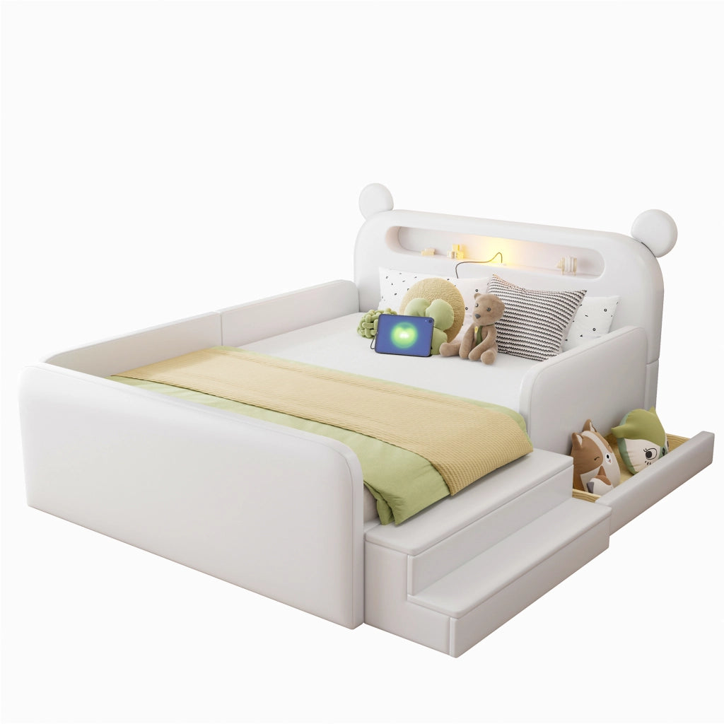 Letto imbottito per bambini 140x200 cm con testiera a orsetto; contenitore e luce; bianco